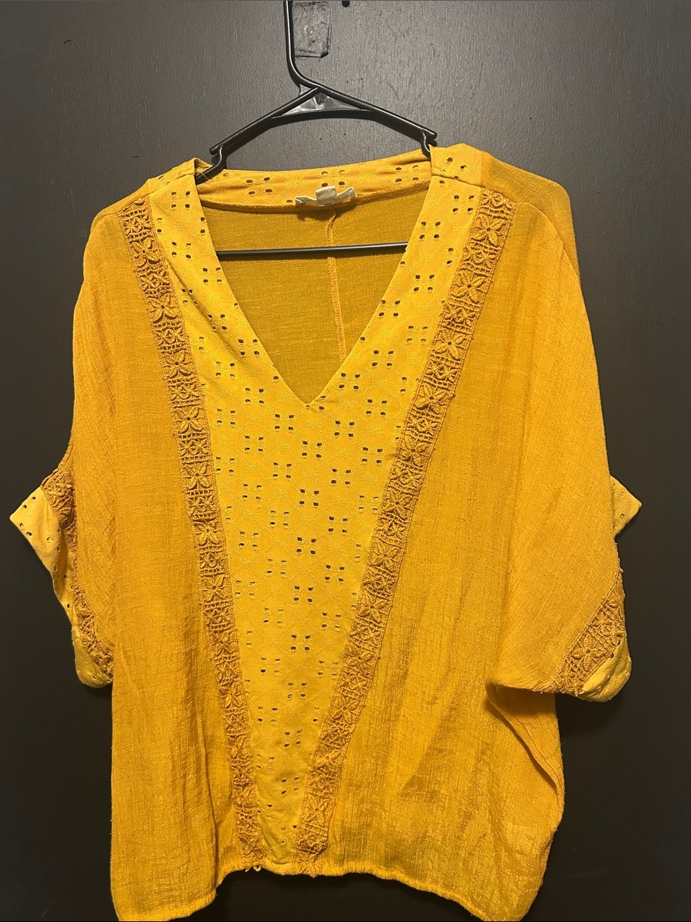 Mustard V-Neck Eyelet & Crochet Trim Blouse